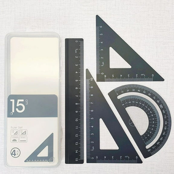 Yhmxh Metal Math Geometry Set, 4 Pcs Math Drafting Ruler Kit with Protractor Aluminum Triangle Ruler 6 Inch Straight Rulers Teaching Measuring Tool for Draftsman Office Supplies (Black)