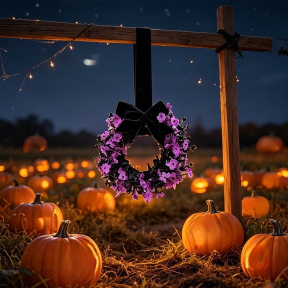 Small Black Boxwood Halloween Wreath with Flowers Bow Gothic Artificial Fall Floral Wreaths for Halloween Decorations Indoor Outdoor Front Door Wall Window Porch Home Decor, 9in
