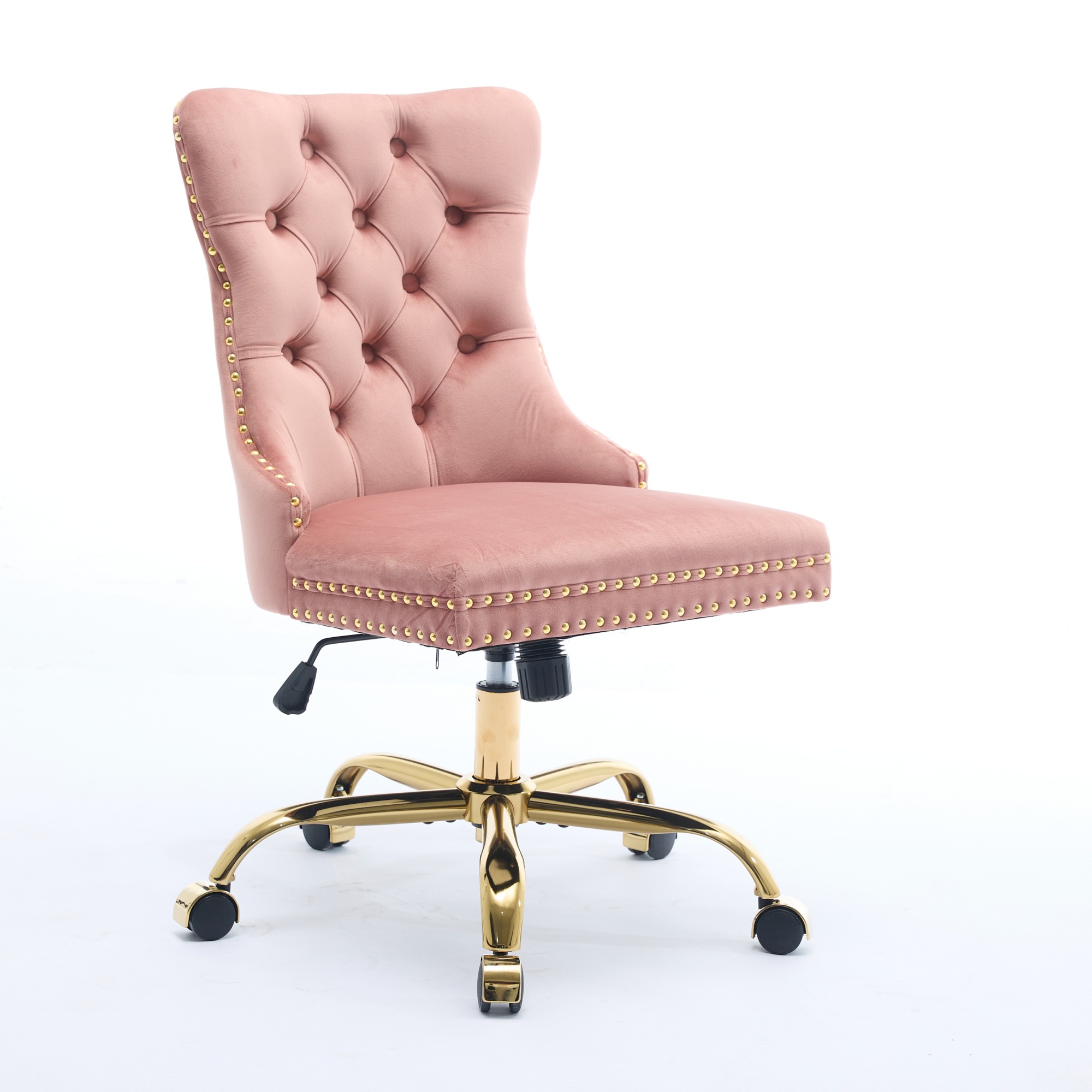 SESSLIFE Swivel Vanity Chair, Modern Office Chair with Wheels, Golden Metal Base, Velvet Upholstered Tufted Button Home Office Chair with Adjustable Height, Ergonomic Home Desk Chair, Pink