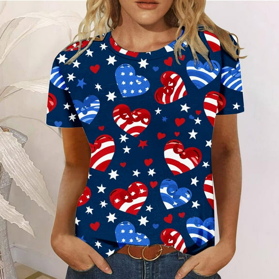 Qetyuw 4th of July Shirts for Women Casual Patriotic Stars and Stripes Graphic Tshirts Cute Short Sleeve Tees Trendy Crewneck Blouses Tops Plus Size Tops for Women