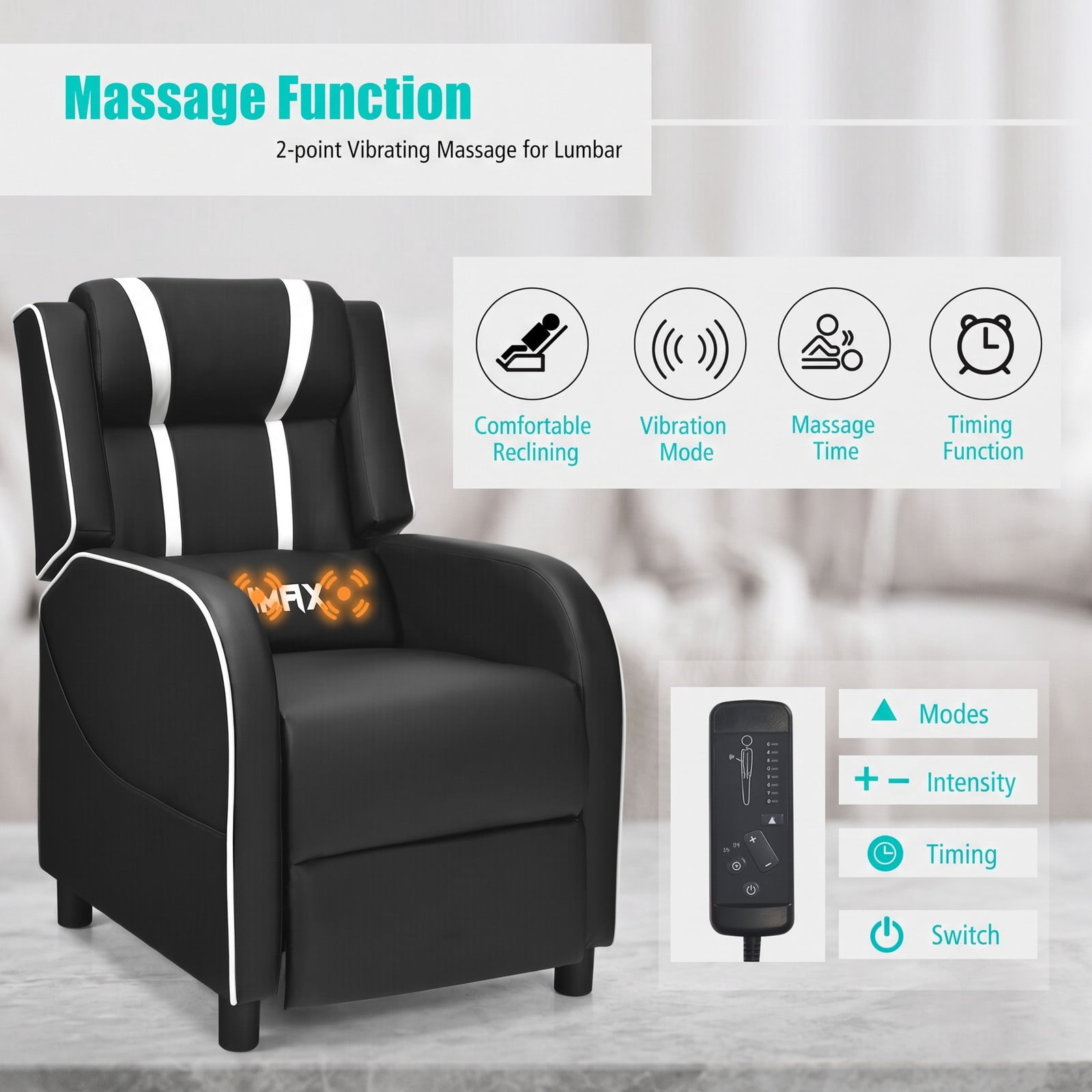 Furnibear Massage Gaming Recliner Chair, Ergonomic PU Leather Racing Style Reclining Sofa with Footrest, Lumbar Massage, Headrest Pillow and Remote for Home, White