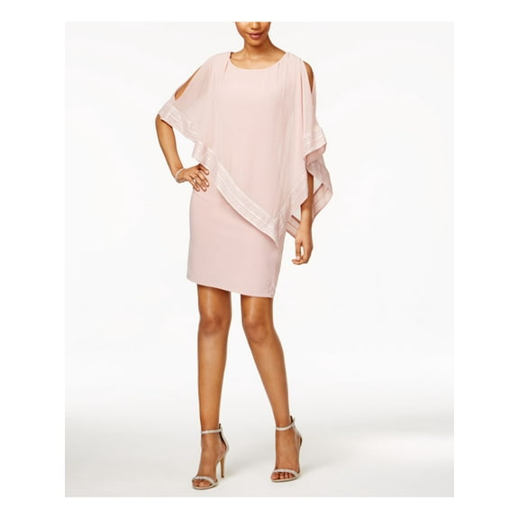 SLNY Womens Pink Cold Shoulder Capelet Overlay Metallic Trim Elbow Sleeve Boat Neck Above The Knee Party Shift Dress 16