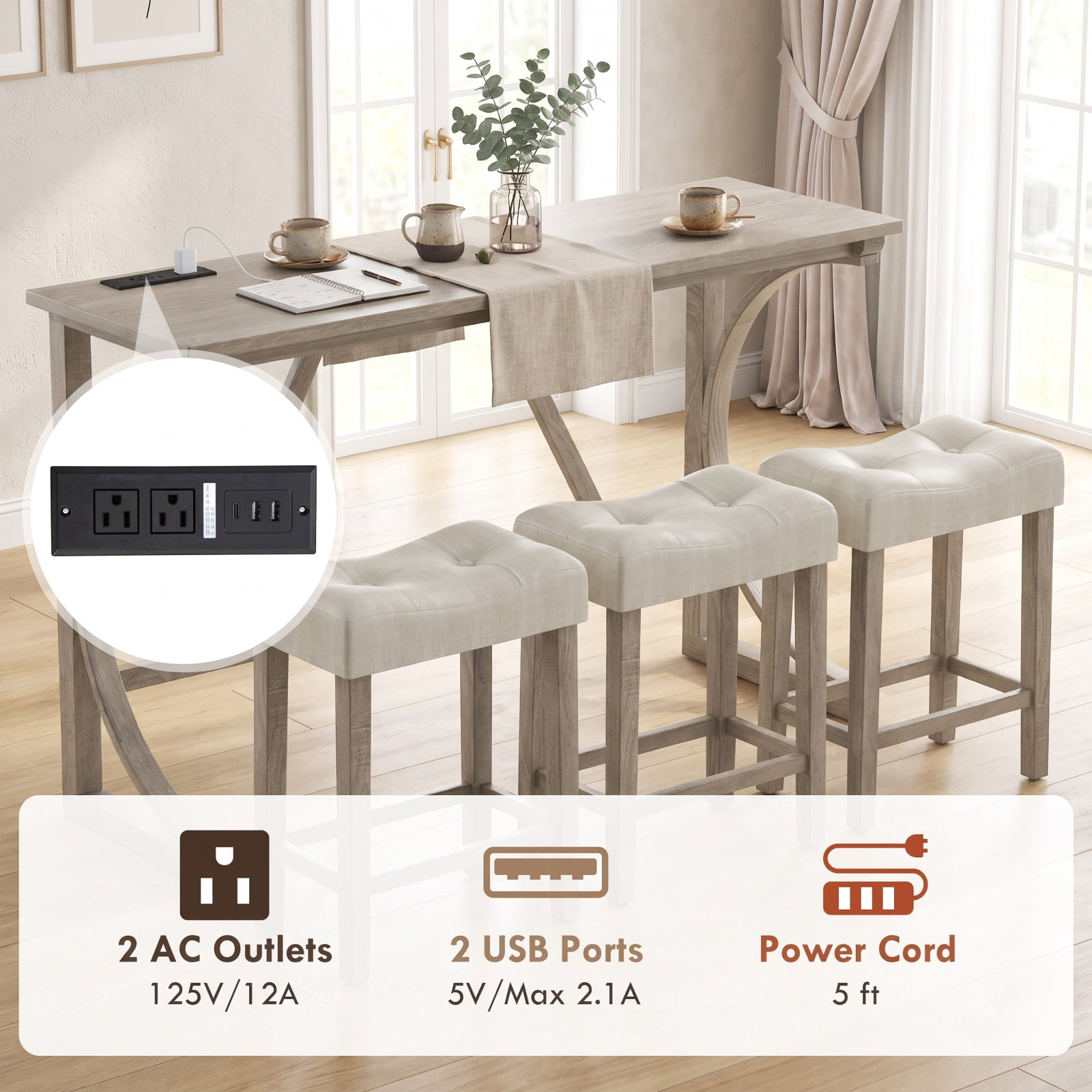 Furnibear 4-Piece Bar Table Set with Power Outlet and Upholstered Saddle Seat Stools-Grey and Beige for Kitchen Dining Room Breakfast Nook Home, Gray
