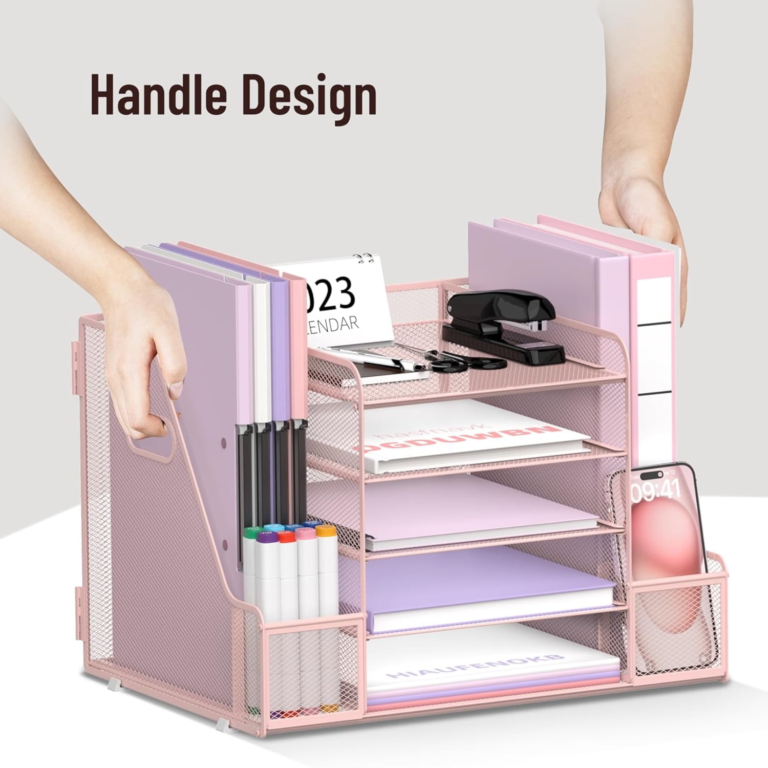 INTIGE 5-Tier Metal Desk Organizer with File Holder, Paper Letter Tray Organizer for Office, Pink, 1 Pcs