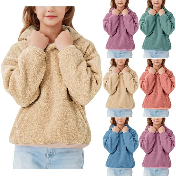 DxhmoneyHX Boys Girls Plush Hoodies Solid Soft Hooded Sweatshirt Polar Fleece Classic Oversized Hoodies Kids Loose Pullover Sweatshirts with Pocket 5-14 Years