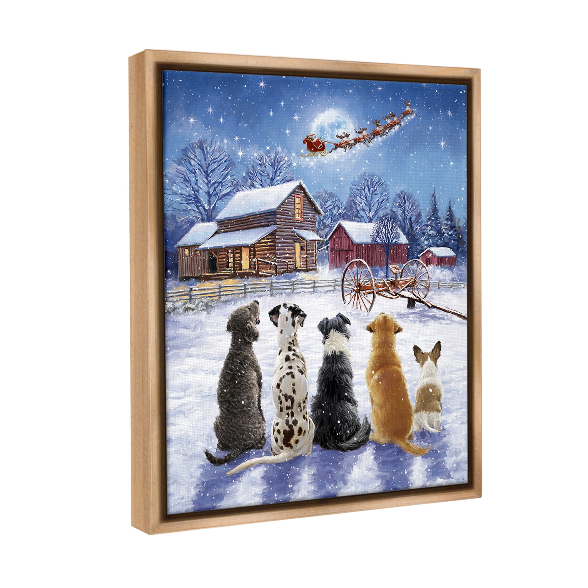 Stupell Industries Snowy Farm Dogs Holiday Painting Brown Floater Framed Canvas Art Print Wall Art, 25 x 31