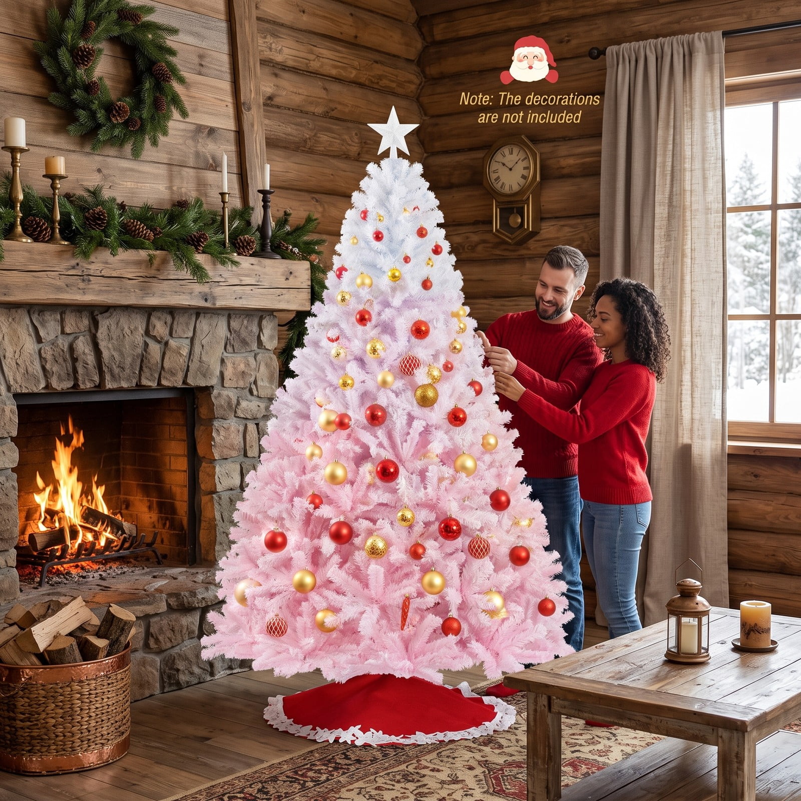 RUIE 7FT Artificial Christmas Tree, Pre-Assembled Hinged Pine Holiday Tree with 1264 Flocked Branch Tips and Folding Metal Stand, Snow Gradient Flocked, White & Pink