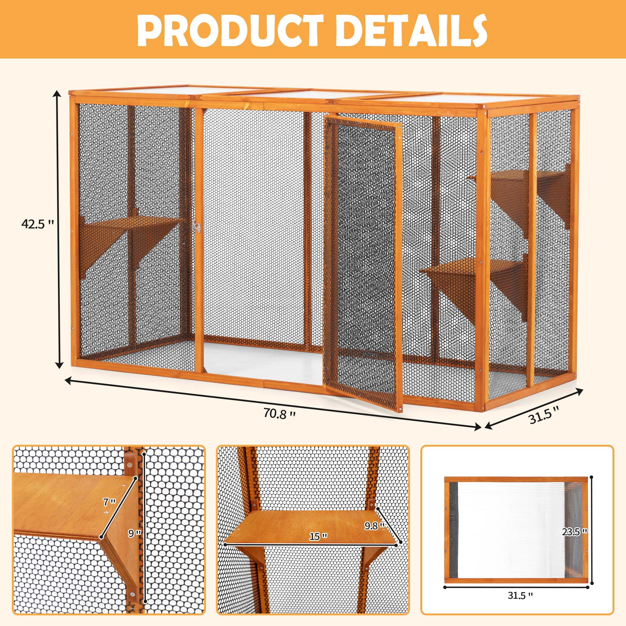 Resenkos Cat House, Catio Cat Shelter, Cat Cage,Detachable Cat Enclosure with Waterproof Roof and 3 Jumping Platforms, Orange