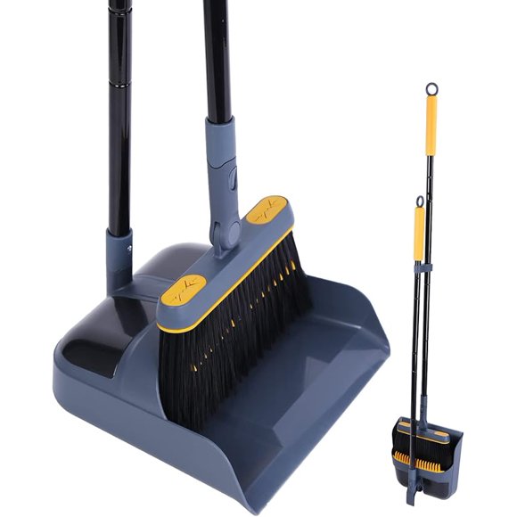 JEHONN Broom and Dustpan Set for Home, 54 Inches Long Handle Lightweight 180 Degree Rotating Broom Set Indoor, Upright Standing Dust Pan with Comb Teeth, Store Sweep Set for Room Kitchen Lobby Office