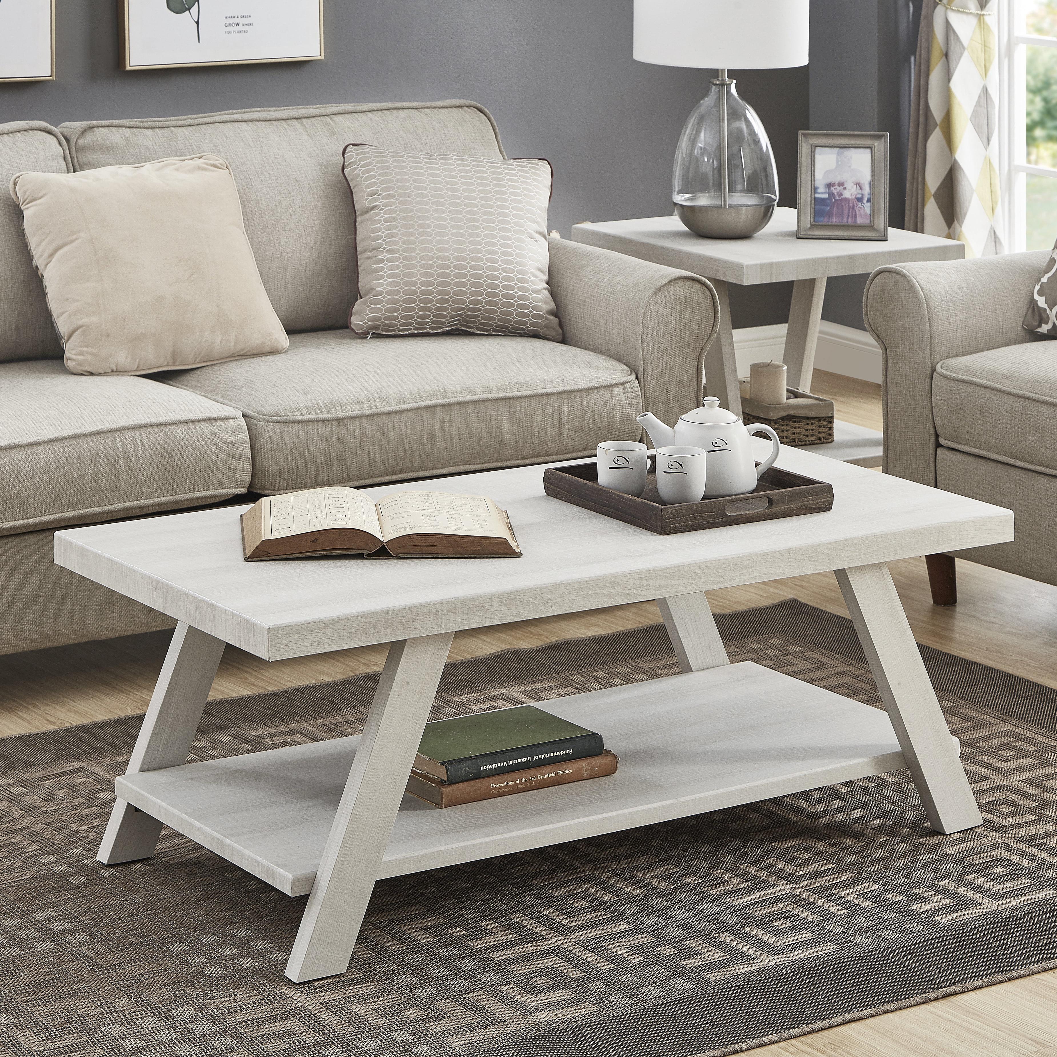 Athens 3-Piece Contemporary Wood Shelf Coffee Table Set, White
