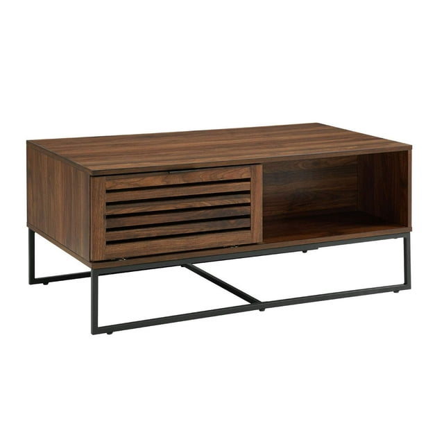 Walker Edison Modern Slatted Wood Rectangle Coffee Table with Drawer Living Room Ottoman Storage Shelf, 42 Inch, Dark Walnut