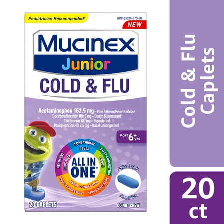Mucinex Junior Cold & Flu All in One, Multi-Symptom Relief, Pain Reliever, Cough Suppressant, Expectorant, Nasal Decongestant, 20 Caplets