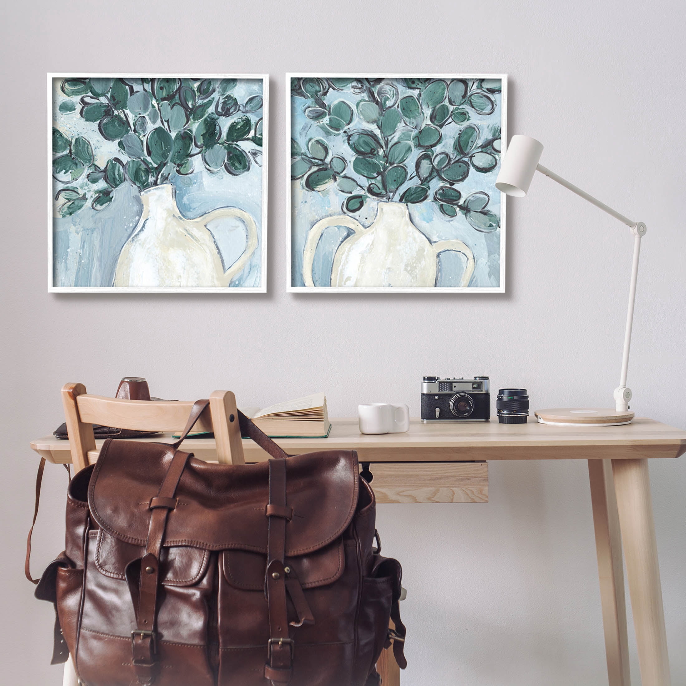 Stupell Industries Contemporary Eucalyptus Herb Vase Painting White Framed Art Print Wall Art, Set of 2, Design by Annie Warren