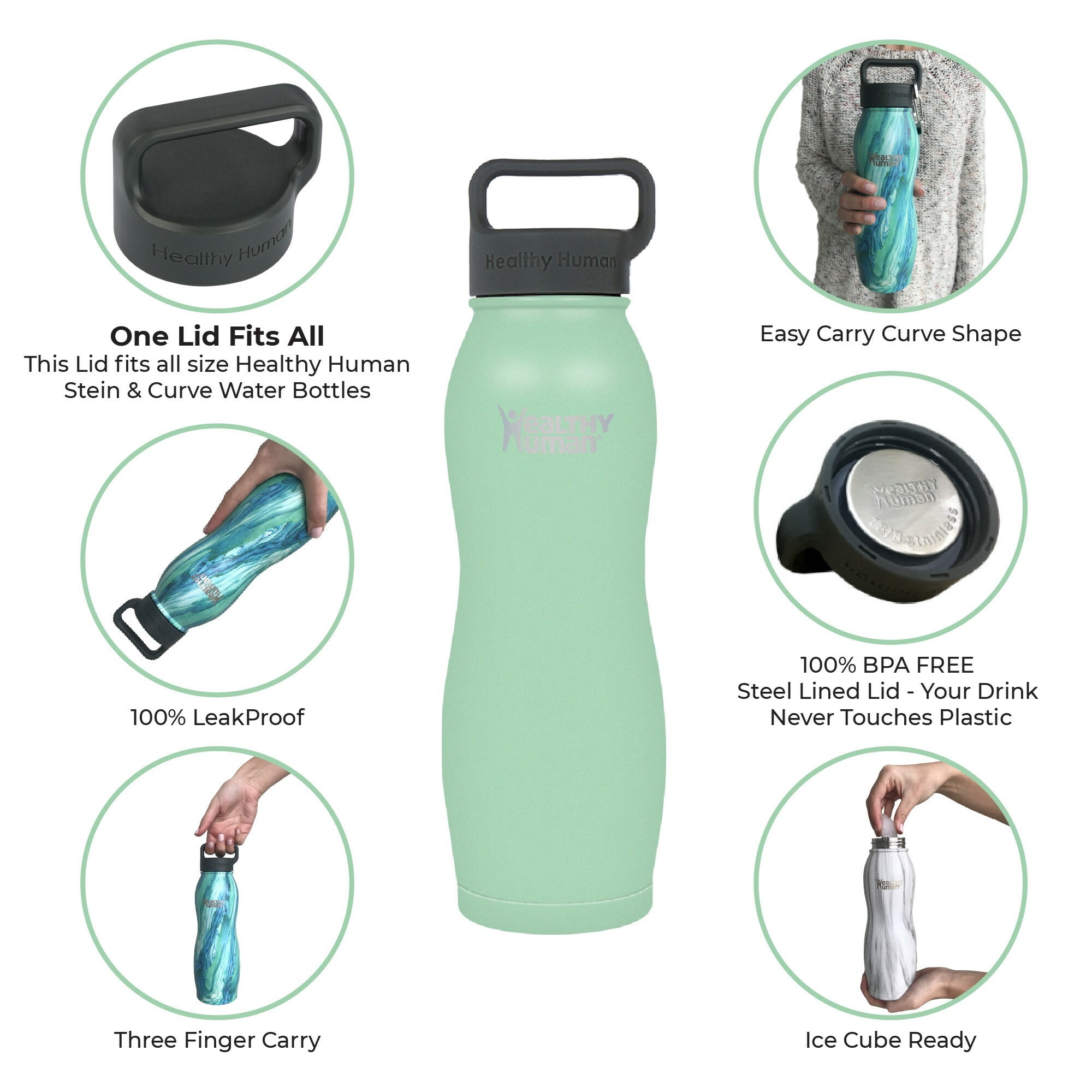 Healthy Human Stainless Steel Curve Water Bottle | 100% BPA Free Thermos for Kids & Adults | Double Walled Vacuum Insulated | Metal Bottles with Leak Proof Lid (21 oz/ 621 ML, Seamist)