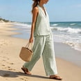 thumbnail image 7 of Karymi Womens T Shirts 2 Piece Gingham Linen Blend Outfit Set, V Neck Sleeveless Loose Pullover Tank Top+Elastic High Waist Wide Leg Pants with Pockets Blouses for Women Dressy Casual, 7 of 7