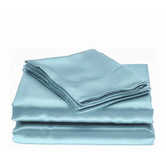 Bedify Bedding 100% Pure Silk Satin Sheet Set, Deep Pocket Mattress Fitted Sheet, Flat Sheet & Pillowcases - Cool, Soft, Wrinkle Free, Fade Resistant - Cal Queen, Sky Blue
