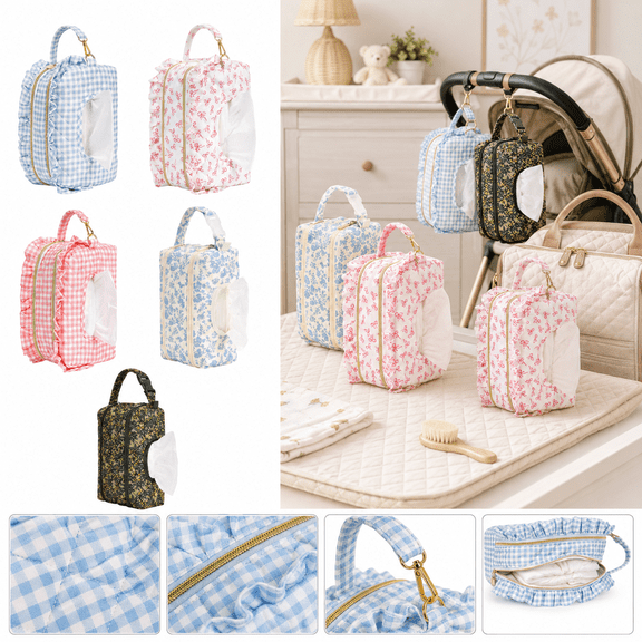 2-in-1 Double-Layer Wipe Holder Quilted Wipes Bag, Diaper Wipe Pouch with Separate Diaper Compartment, Stroller Hanging Wipes Holder, Floral Portable Organizer for Travel and On-The-Go Use, A