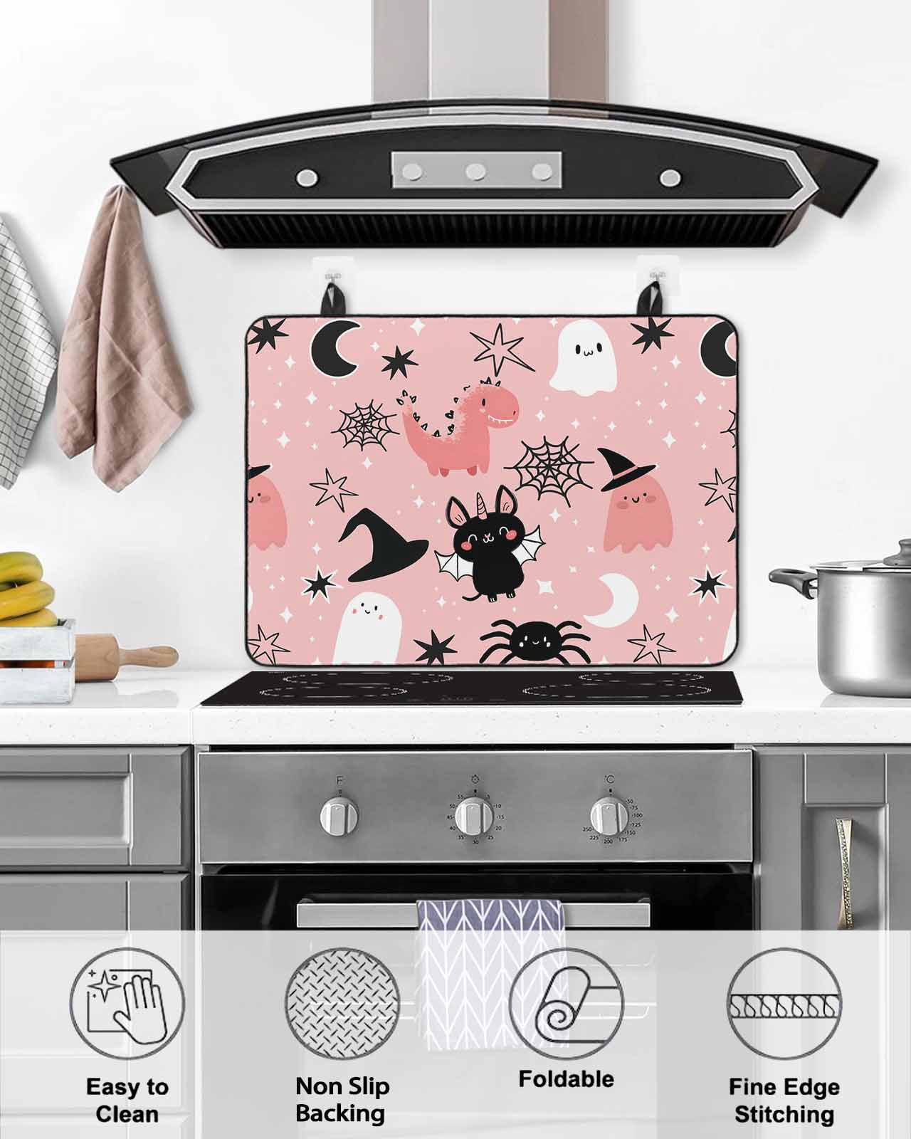 Large Induction Cooktop Protector Mat Halloween Stove Top Covers for Electric Stove, Cute Cartoon Ghosts Black Bat Moon Star Pink Decorative Stove Burner Cover Mats, Glass Top Stove Cover