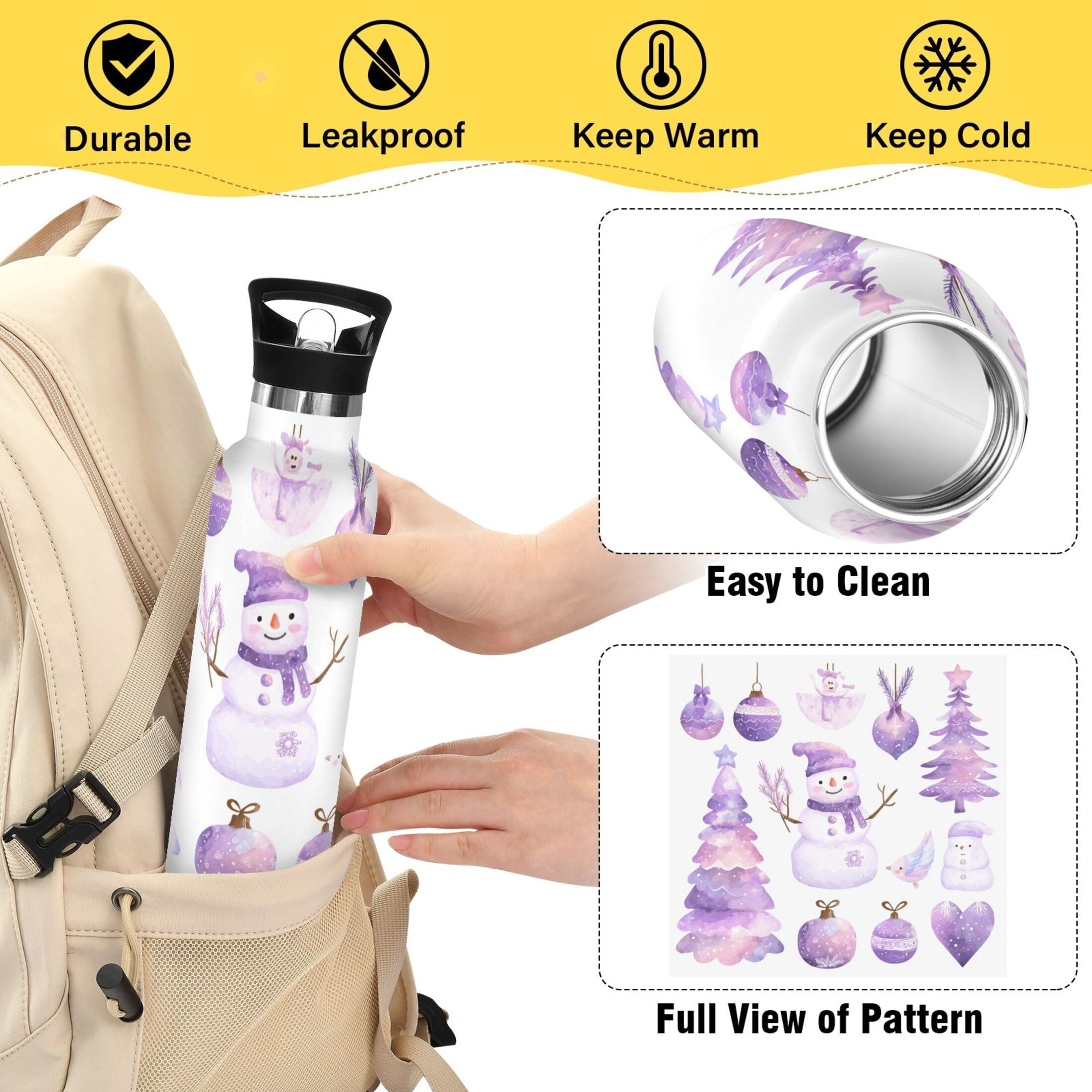 600ML Stainless Steel Insulated Cup Sports Water Bottle Portable Thermos Cup Water Glasses Insulated Tumblers Convenient and Durable Cute Purple Christmas Snowman