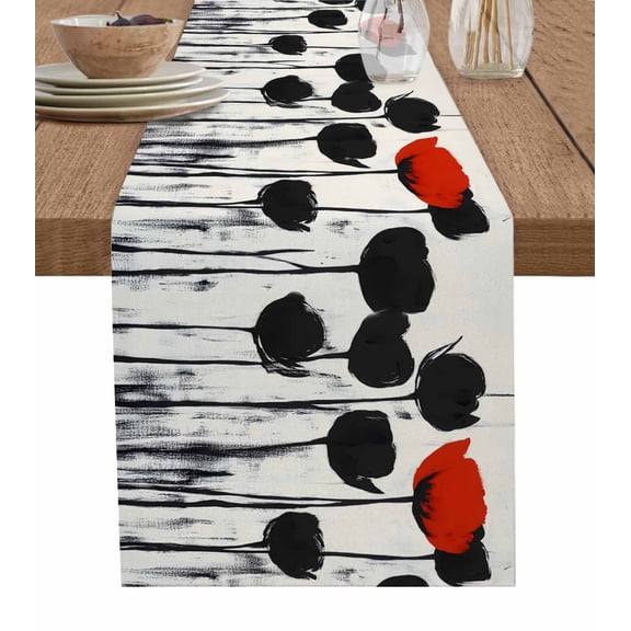 Farmhouse Flowers Table Runner 90 Inches, Vintage Red Black Abstract Flowers Bed Runner Dresser Scarves Tabletop for Indoor Outdoor Parties/Ceremony/Banquet, 13" x 90"