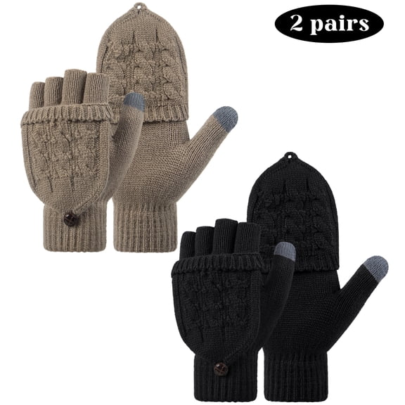 Woaeety 2Pcs  Winter Fingerless Gloves Mittens for Women Men Warm Wool Knitted Convertible Flip Top Mittens Cold WeatherBlack and Brown