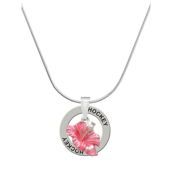 Delight Jewelry Silvertone Hot Pink Hibiscus Flower Hockey Ring Charm Necklace, 18"