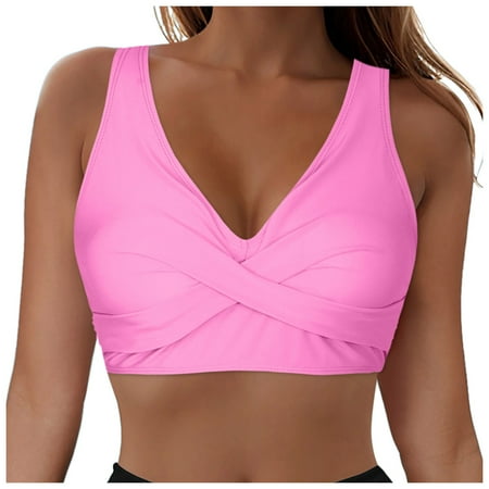 Gibobby Ribbed Halter Bikini Top - Push Up Padded and Brazilian String Swimwear(Pink XL)