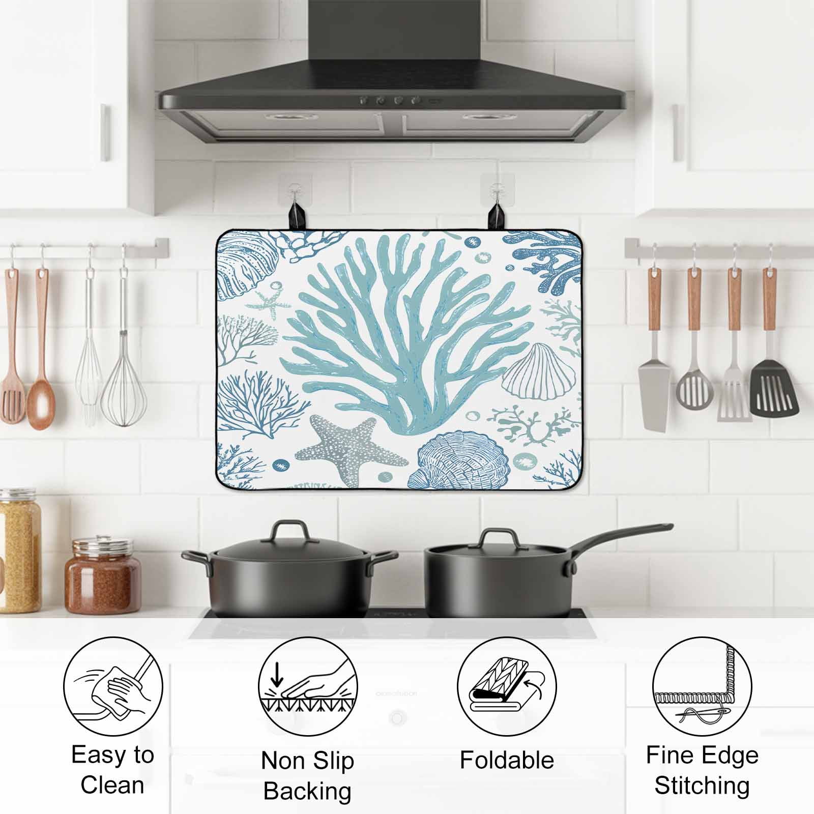 Aqua Coastal Stove Top Cover for Electric Stove, Heat-proof & Non Slip Glass Top Stove Cover Protector, Summer Nautical Starfish Beach Coral Kitchen Flat Cooktop Rubber Mat 24x21 Inches