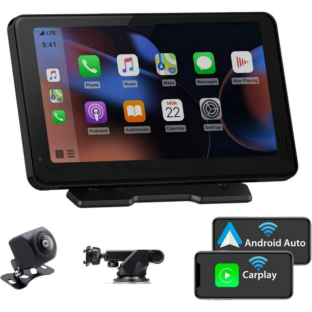 Portable Car Stereo Compatible with Wireless Apple Carplay/Android Auto 7  IPS Touchscreen Mirror Link 1080p Backup Camera GPS Navigation Siri/Google  Voice Control Bluetooth AUX 