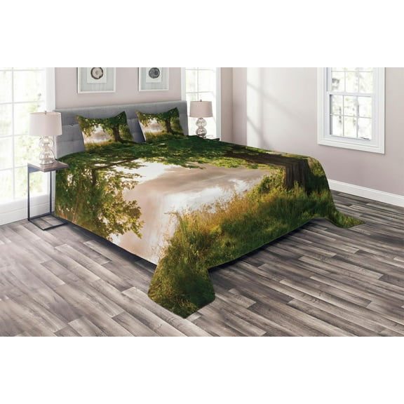 Ambesonne Tree Quilted Coverlet 3 Pcs, Stream Foggy Scene, King Size, Brown Green Dust