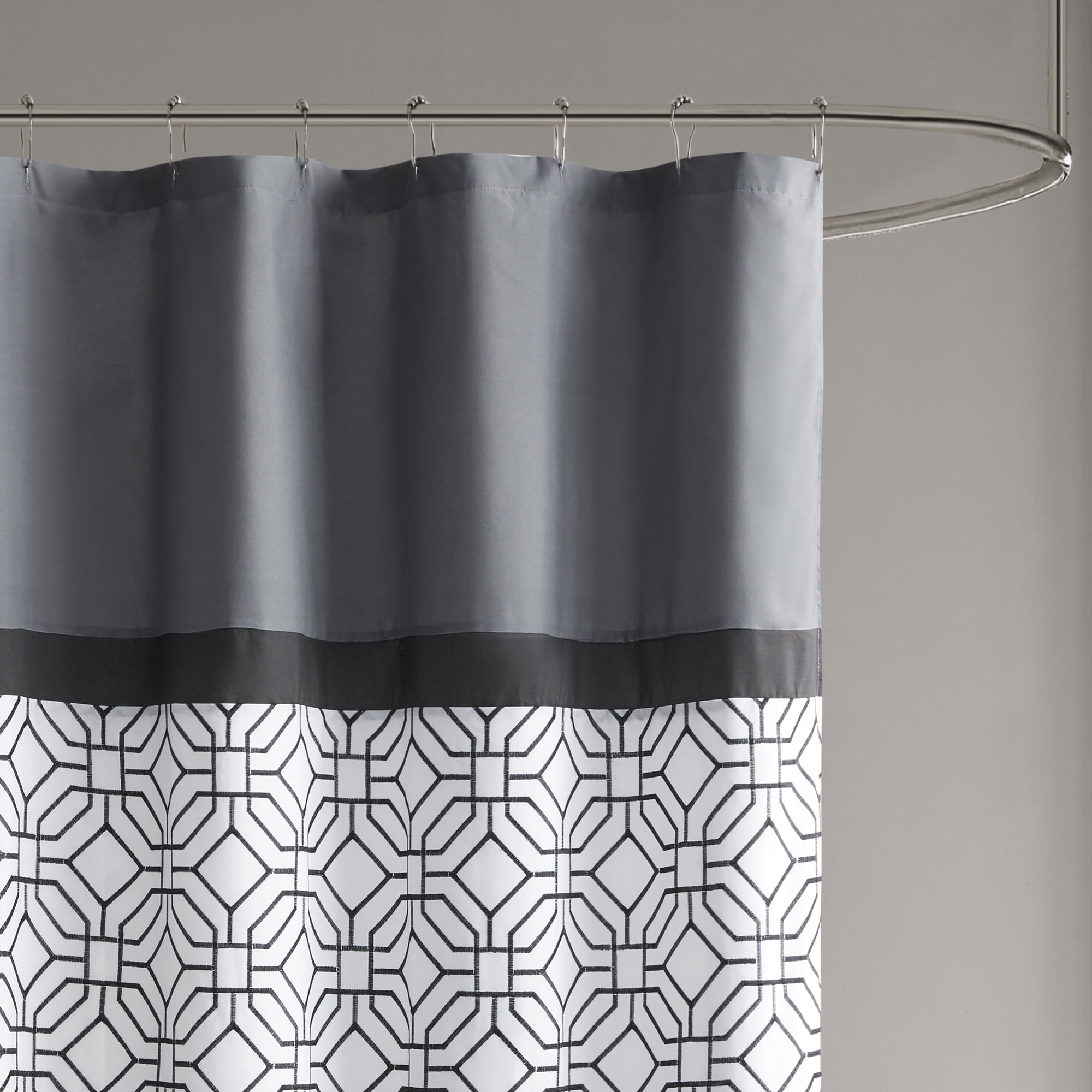 510 Design Black and Grey Shower Curtain, Transitional Embroidered with 12 Button Holes, 72" x 72"