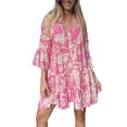 thumbnail image 3 of DYMADE Womens Casual Ruffle Floral Print Flared Sleeve 3/4 Sleeve Button Loose Waist A-Line Dresses, 3 of 4