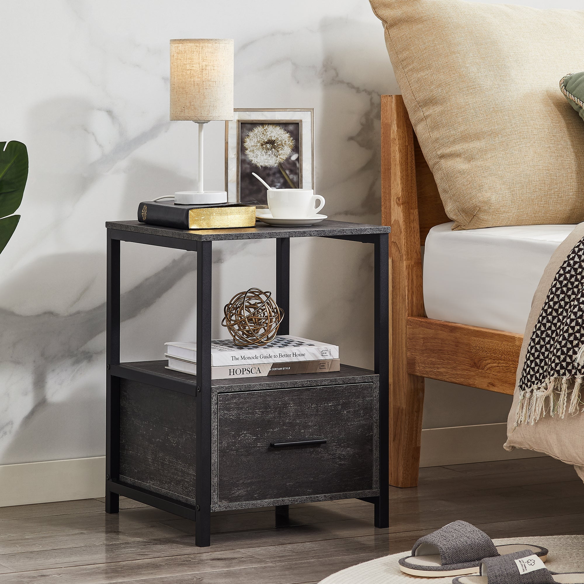 VECELO Nightstand with Drawer, Industrial End Table Sofa Side Table for
