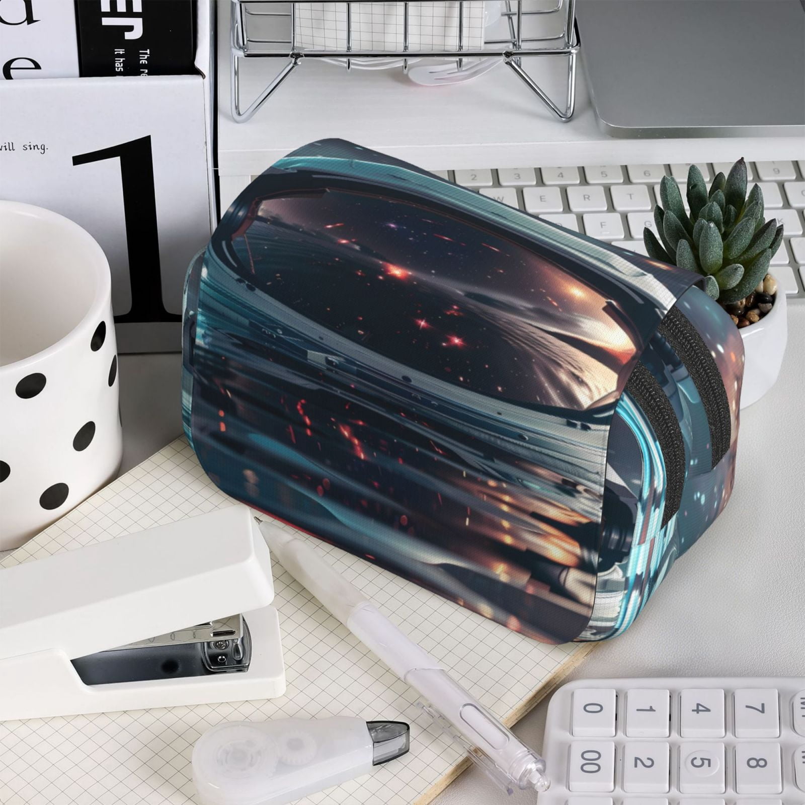 Rateoe Astronaut Helmet Reflections Pattern Double Clamshell Pen Case, Storage Organizer with Two Zipper Compartments– Holds Up to 50 Pencils & Pens