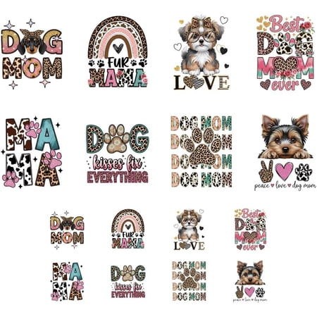 16 Sheets Iron on Transfers for T-Shirts Mother Dog and Puppy Paw Print DTF Transfers Ready to Press Washable Iron on Decals for Women Girls Clothing Hat Bag Pillow DIY Crafts Colorful DIY