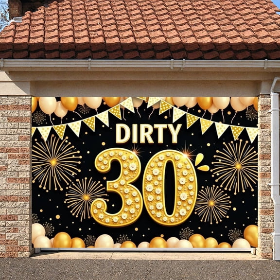 Golden Theme Dirty 30 Banner Sparkling Design 30th Birthday Display Firework Pattern Balloon Decoration Party Backdrop for 30th Birthday Party Adult Celebration Milestone Event