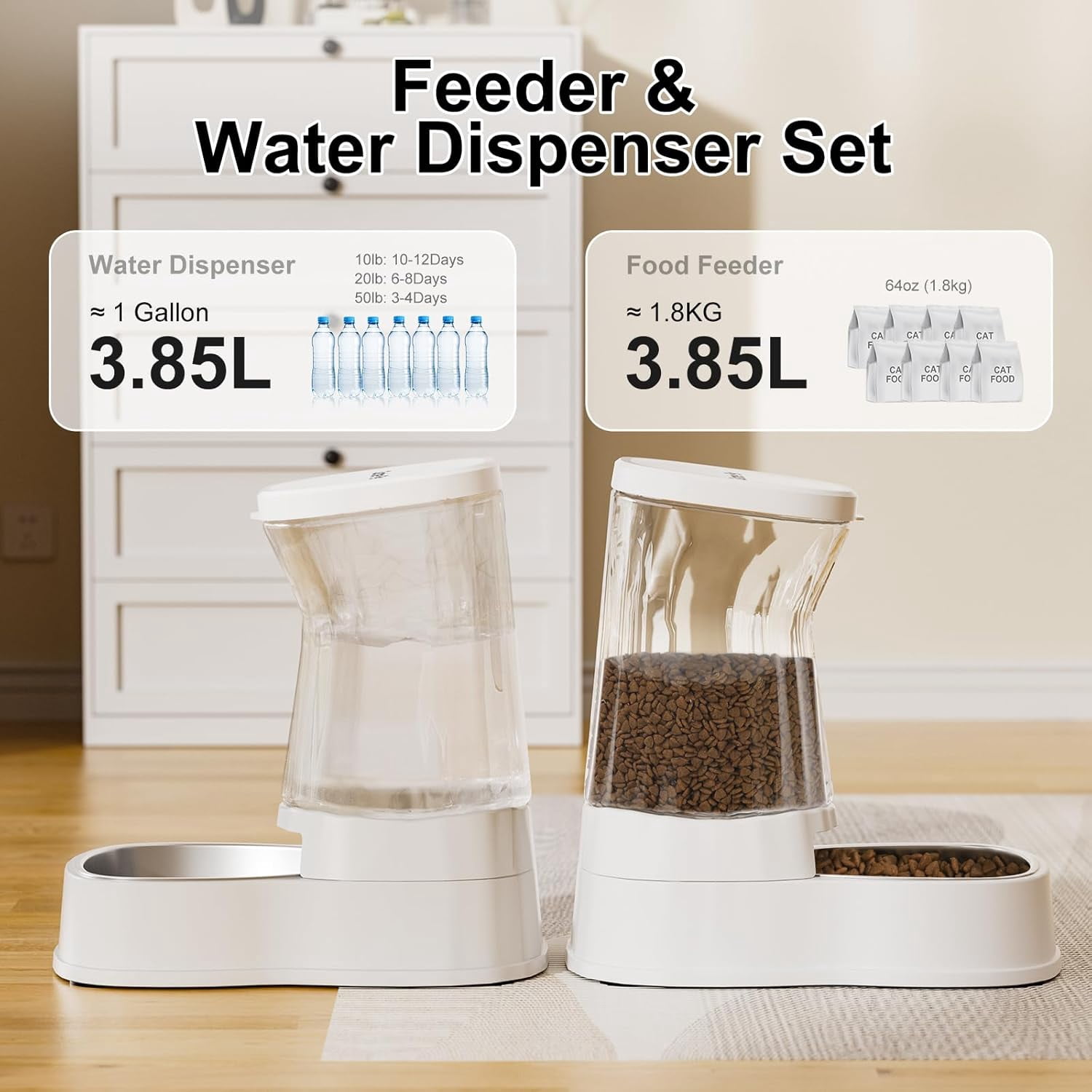 Nomipaw Automatic Cat Feeder and Food Dispenser 1 Gallon Gravity Pet Feeder Cat Dog Bowls for Water and Food 2Pcs