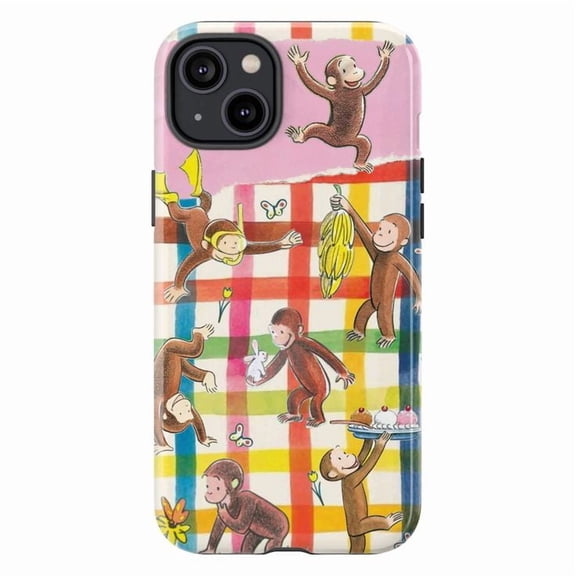 Curious Monkey Colorful Picnic Pattern Phone Case for iPhone 11 12 13 14 15 16 Pro Max Plus Mini