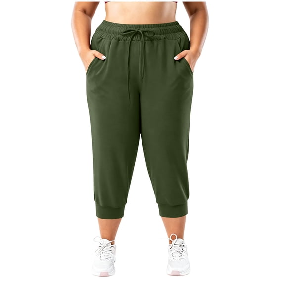 Erwazi Capri Pants for Women Plus Size Solid Drawstring Waist Athletic Casual Capris with Pocket