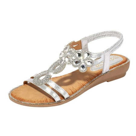 

FZM Women shoes Bohemia Summer Women Ladies Bling Flower Flat Sandals Beach Casual Shoes