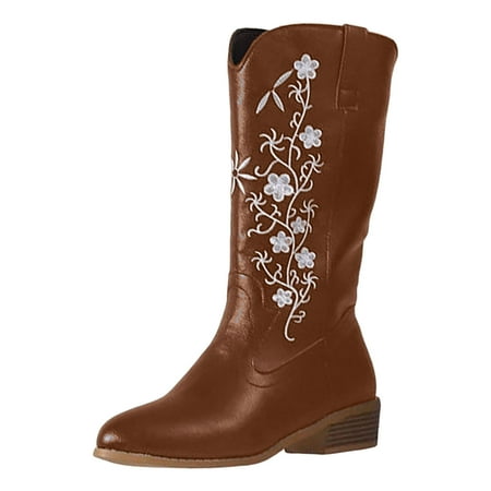 GHSOHS Cowboy Boots for Women Hiking Shoes Women s Mid Calf Boots Embroidery Riding Boots Leather Pointed Toe Heel Large Size Western Cowgirl Boots Vintage Long Boots Wide Calf Boots Size 40