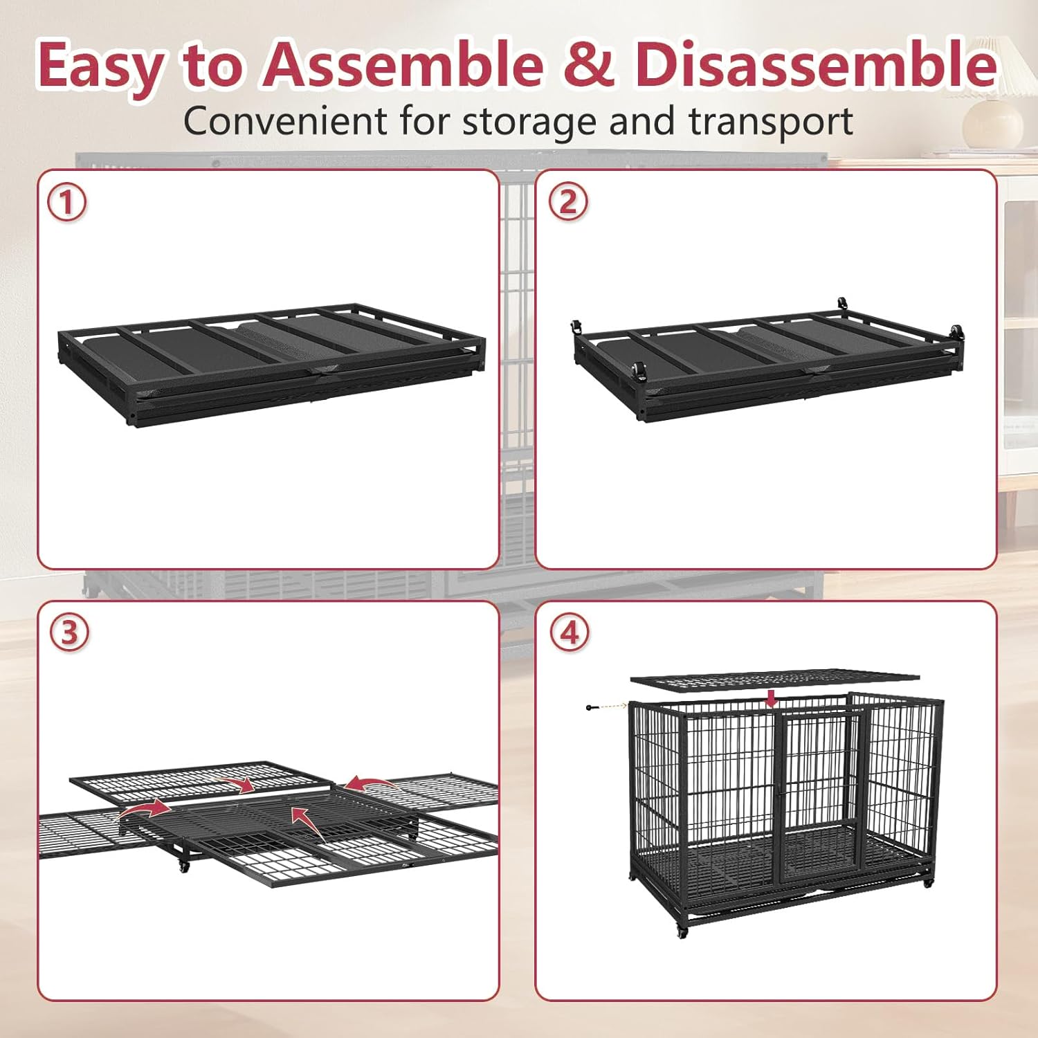 Jhsomdr 42 inch Heavy Duty Dog Crate with Wheels, Indestructible Dog Crate for High Anxiety, Escape Proof Dog Cage Large Dog Kennel with Double Door & Removable Tray