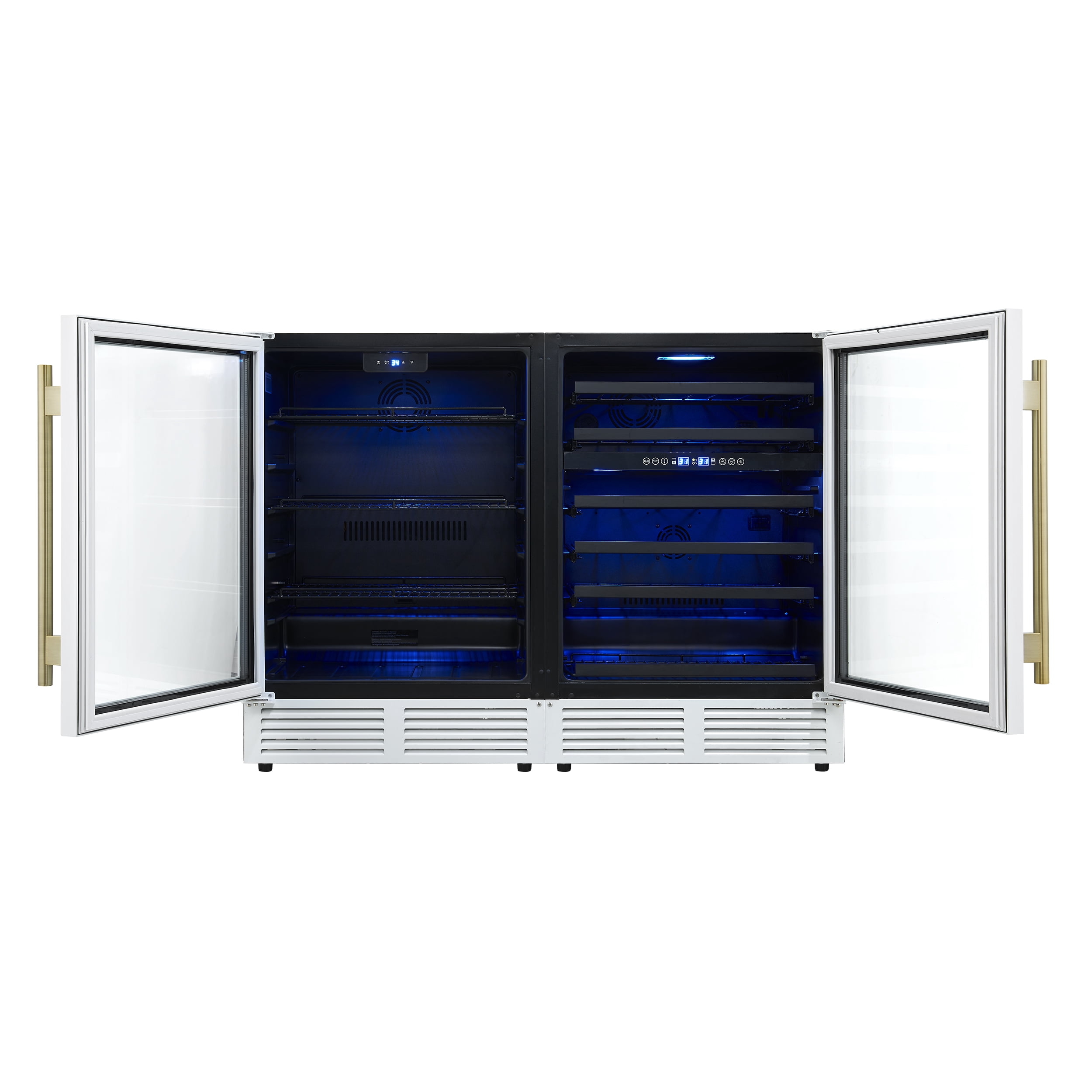 Forno Gemello 48 Inch Side-by-Side Wine and Beverage Cooler in White with Antique Brass Handles, French Door, 9.6 cu. ft.