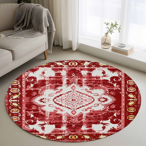 Round Area Rug 3 Ft, Red Boho Washable Non-Slip Circle Carpet for Living Room/Bedroom, Multicolored Colorful Tainted Pattern Tribal Low-Profile Small Floor Mats Collection Rugs for Indoor