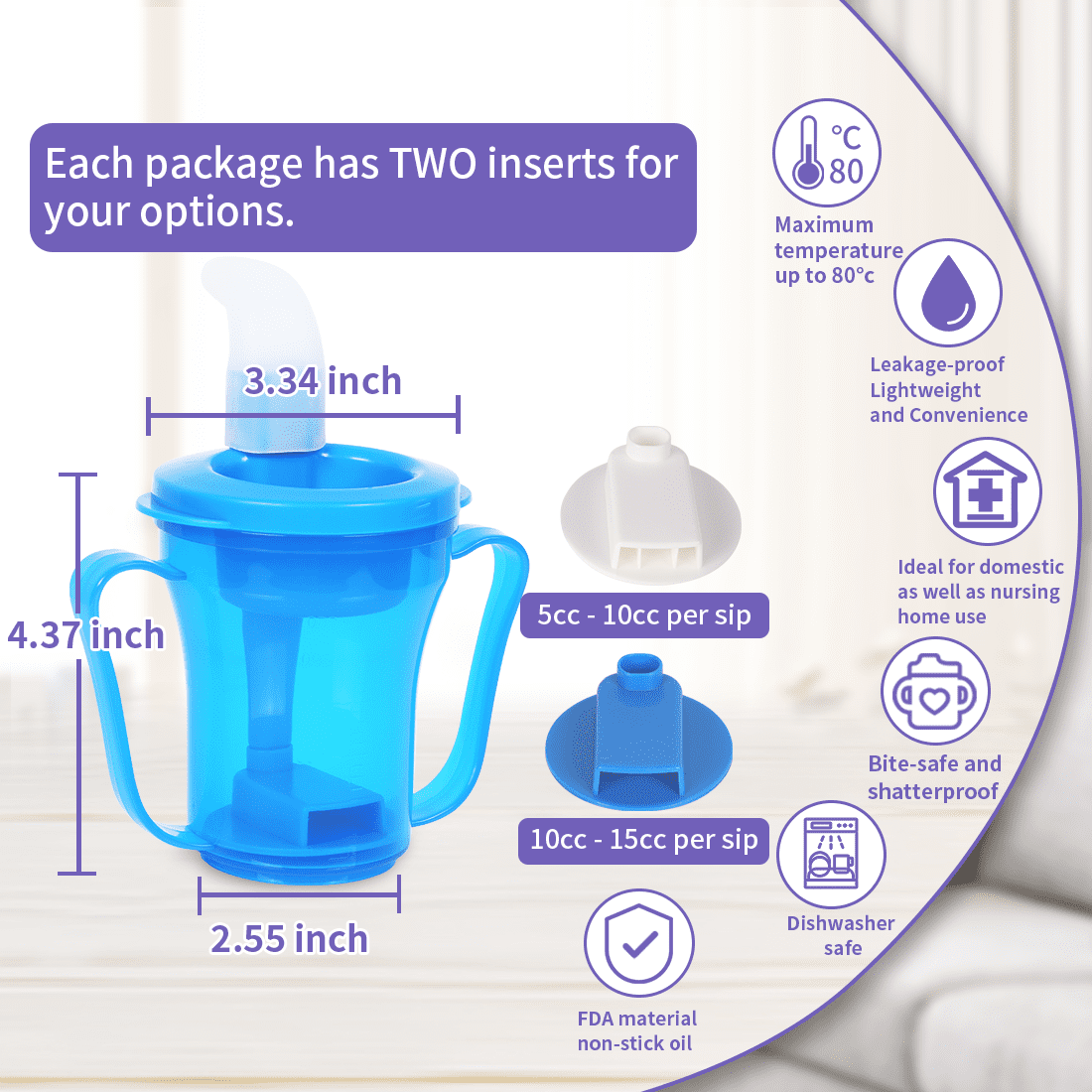 Ehucon Sippy Drinking Cups for Dysphagia FDA Plastic+Silicone 5CC or 10CC, Blue