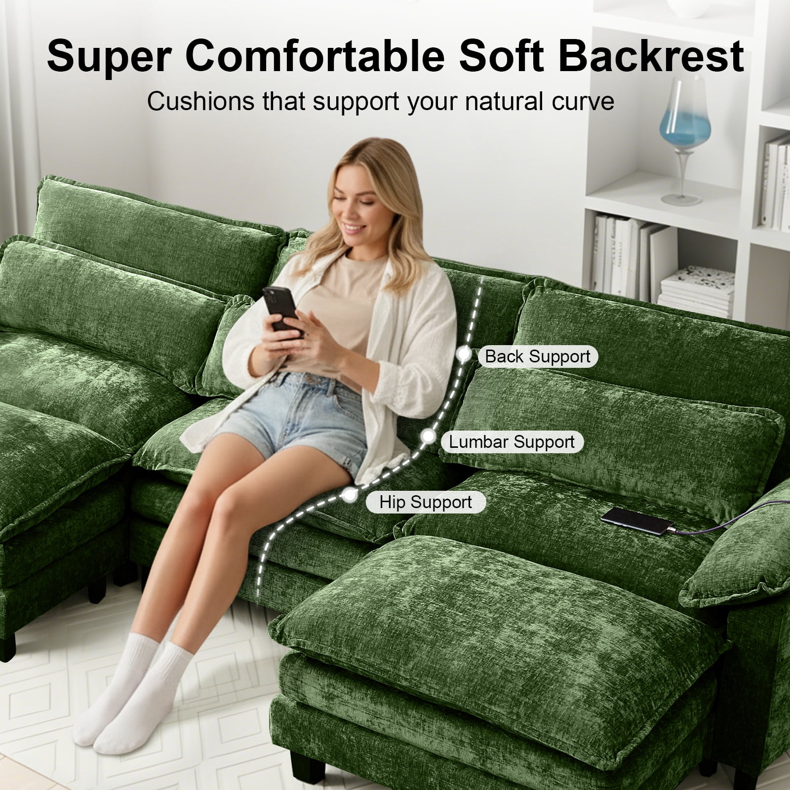 113'' Modular Sectional Sofa,U Shaped Couch with Movable Ottoman, Convertible Sectional Couches with Deep Seat, 3 Seat for Living Room Comfy Cloud Sofa with USB Side Pockets & Charging(Green)