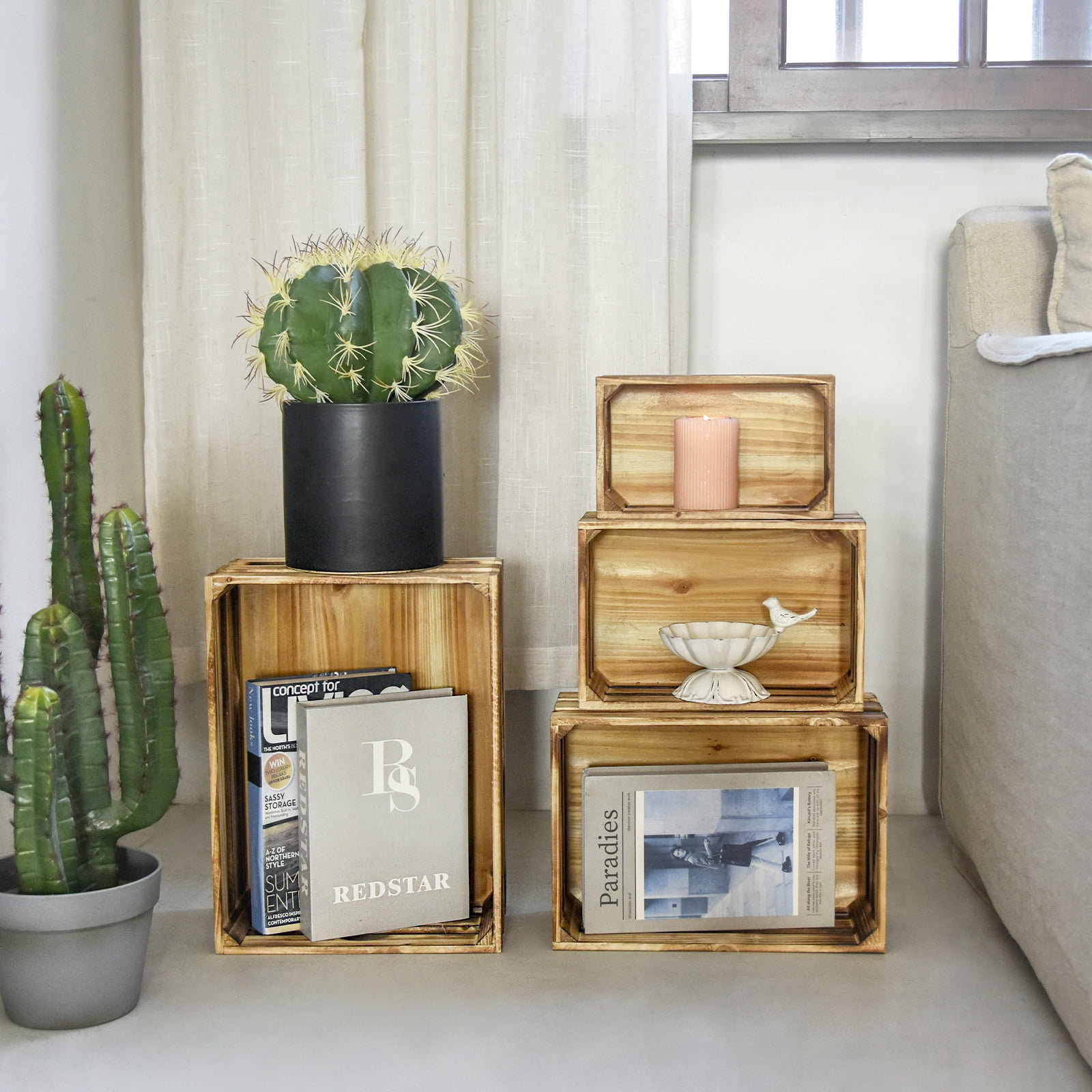 MODE HOME Set of 4 Large Torched Wood Decorative Storage Crates, Nesting Wooden Crates for Display Rustic, Farmhouse Wooden Storage Container Boxes Made from Solid Wood