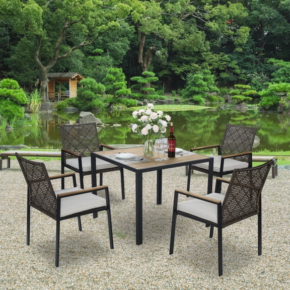 Noble House 5-Piece Outdoor Patio Dining Set, Acacia Wood & Rattan Conversation Set with Umbrella Hole, Dark Brown