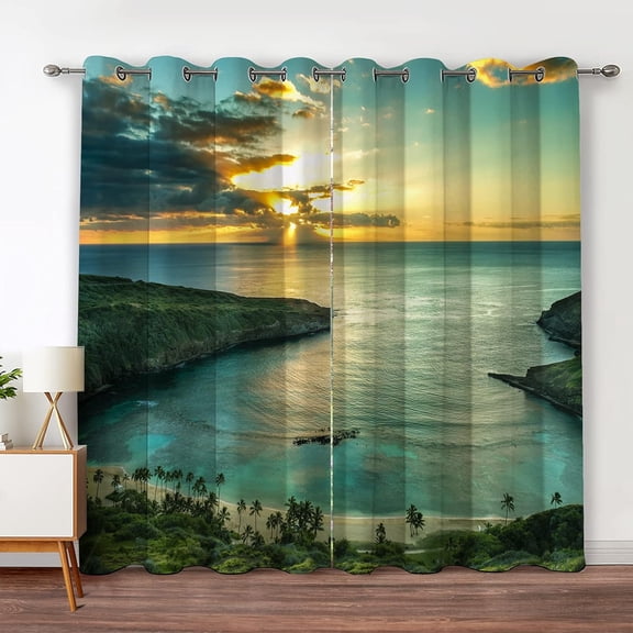Ocean Beach Blackout Curtains Ocean Morning Sunrise Decor for Bedroom Living Room with Hawaiian Seaside Scene Island Green Print Grommet Window Drapes 2 Panel Set, 52"x84"