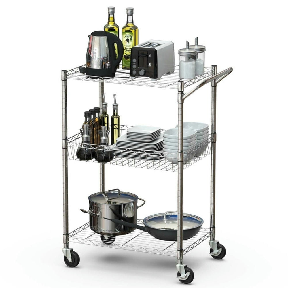 Finihen Rolling Cart, Kitchen Island Cart, 3-Tier Rolling Utility Cart with Handle Bar and Adjustable Shelves, for Kitchen, Dining Room, Silver